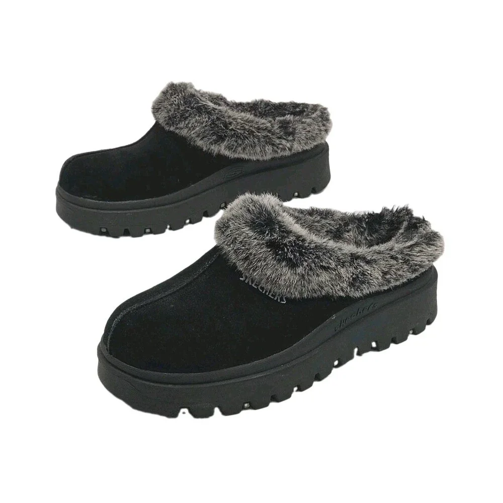 Skechers Shoe Clogs Shindig Platform Black Suede Faux Fur Lined Women Sz 9 Y2K